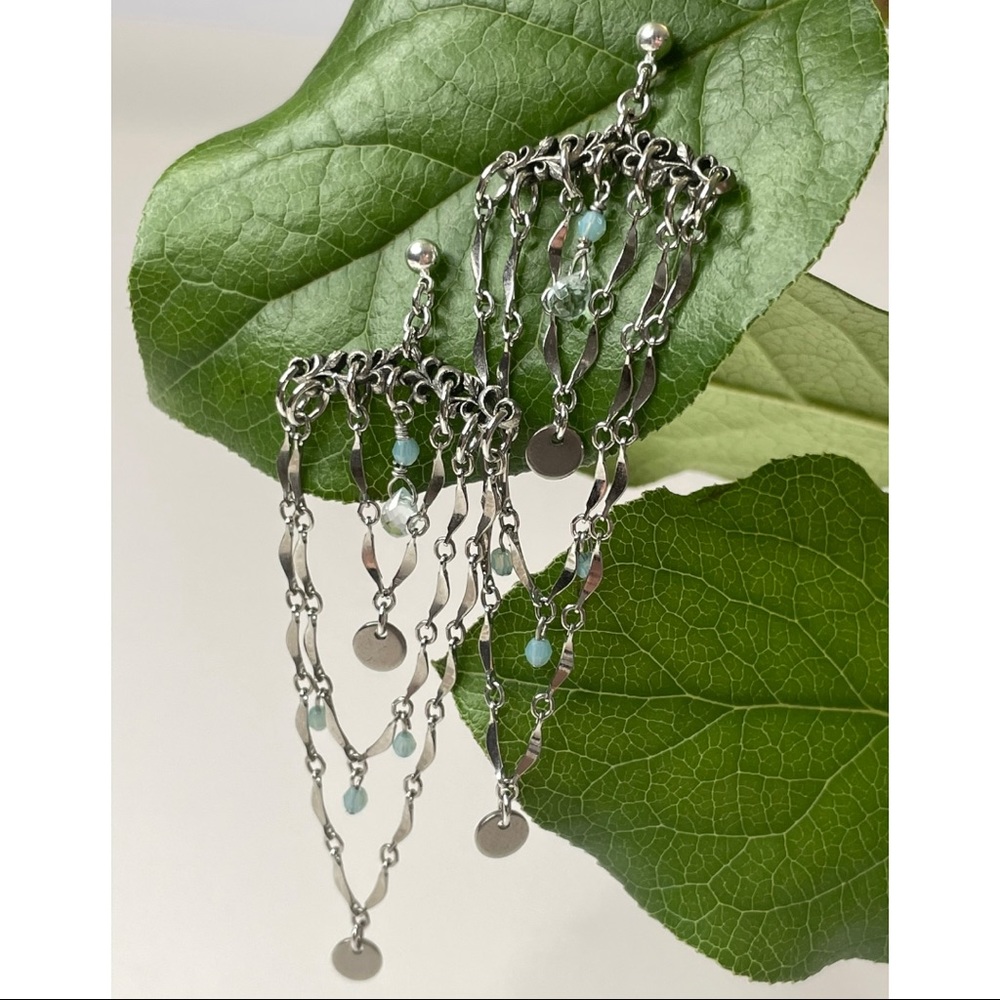 Scallop Chain Aqua Quartz Chandelier Earrings